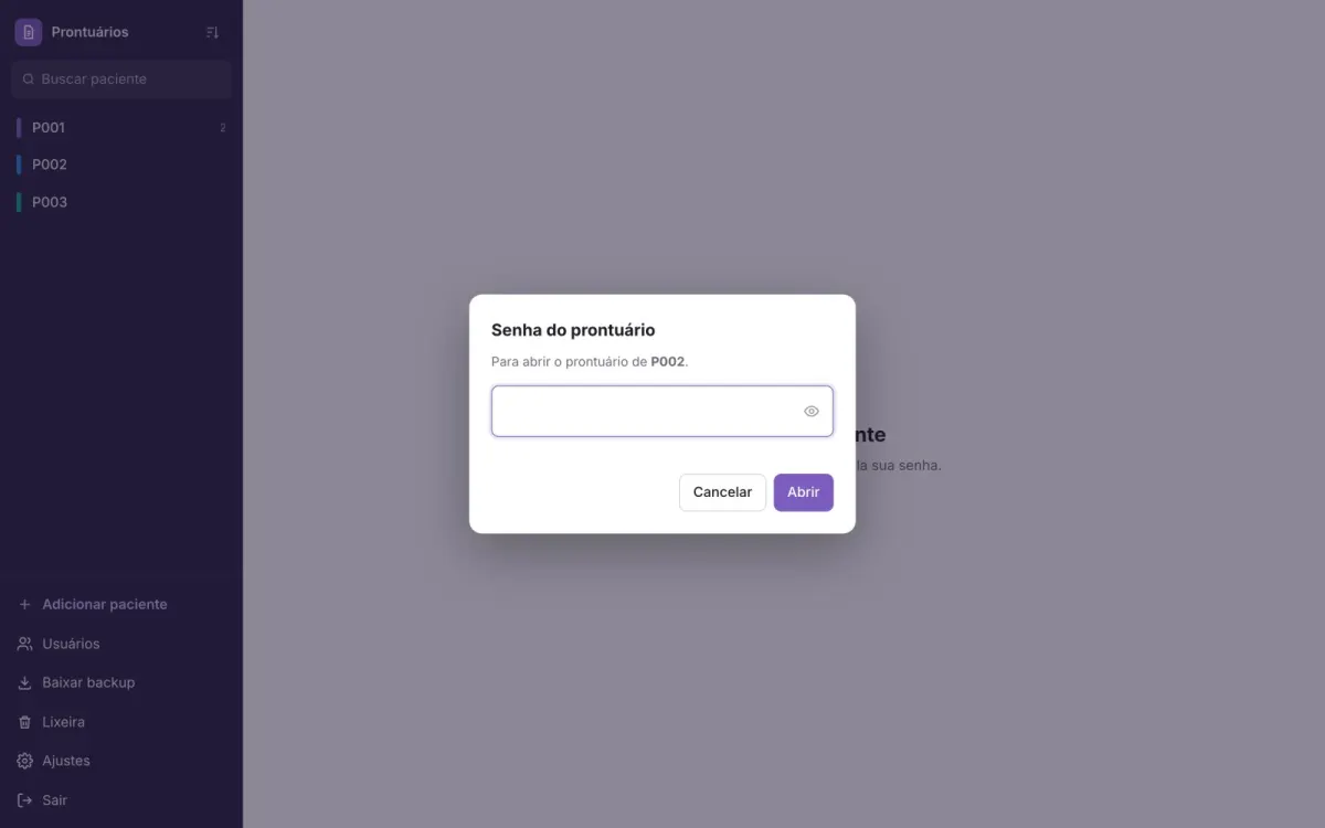 Janela pedindo o PIN para abrir o prontuário do paciente P002